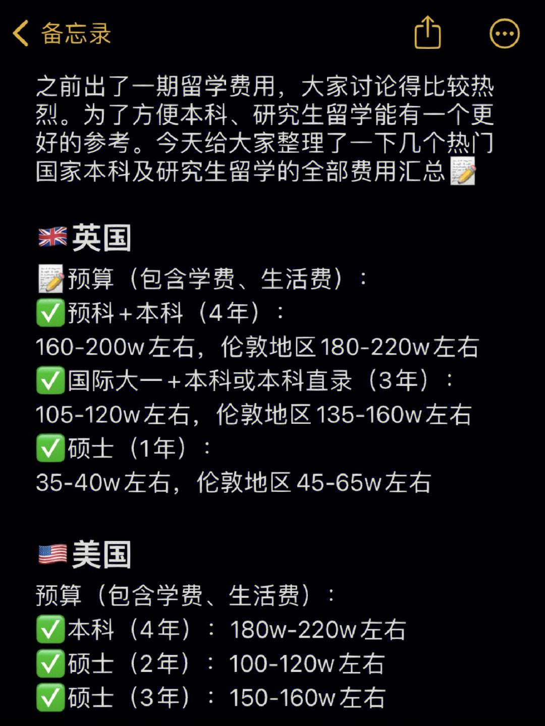 留学各国费用，各国家留学费用